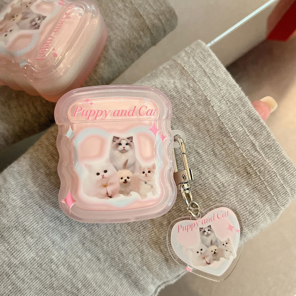 For Airpods 1 2 Pro 2 Earphone Case Creative Cute Pink Kitten Puppy Newspaper Wave Frame Pendant Anti-fall Shell For Airpods 3