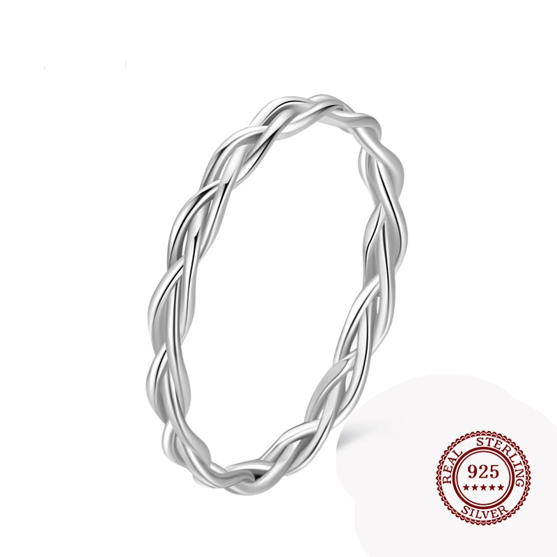 Real 925 Sterling Silver Simple Braided Texture Stackable Rings For Women Minimalist Fine Jewelry