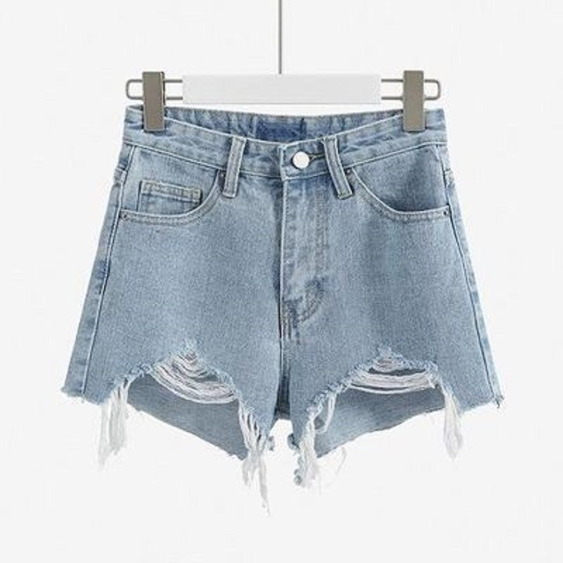 Cotton-hole high waist cowboy shorts female summer wild slim A pen pants wool grinding wide legs