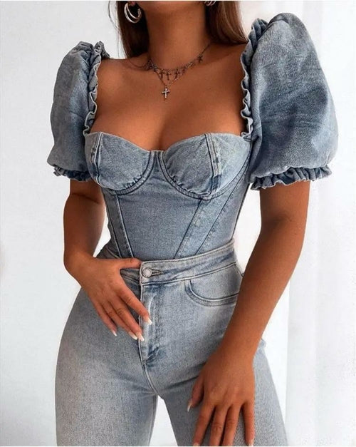 Square Neck Puff Sleeve Denim Blouse