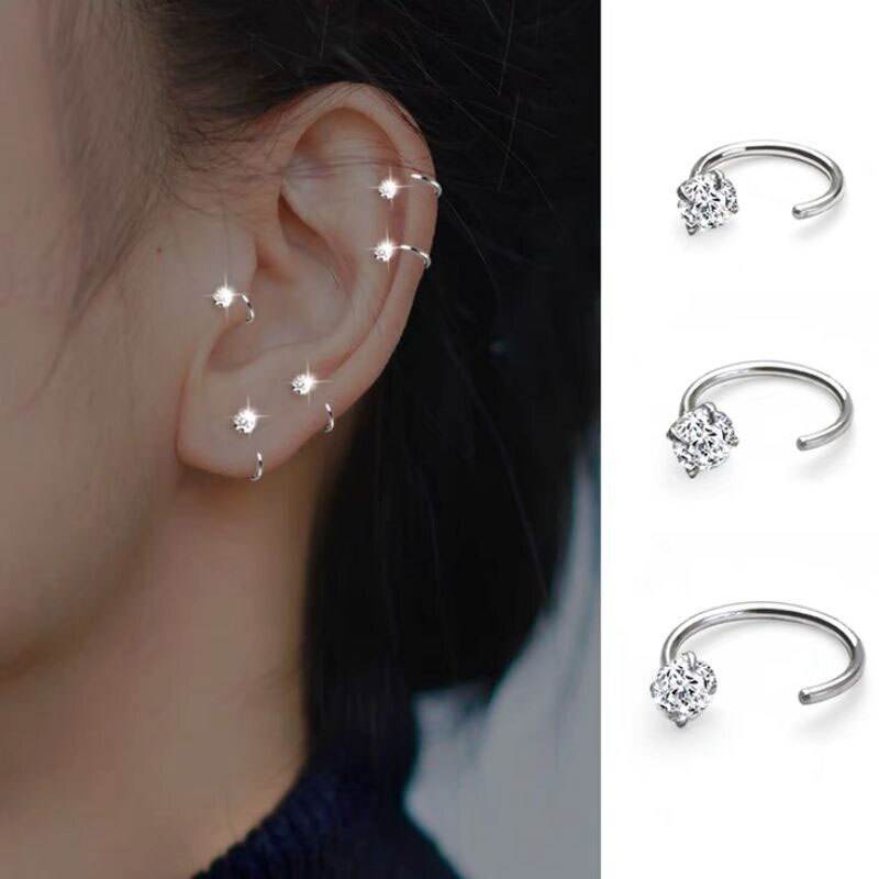 1pair 6/8mm Stainless Steel Zircon Cz Hoop Tragus Cartilage Helix Stud