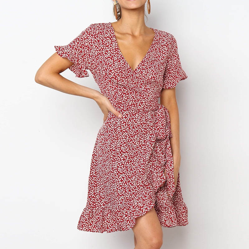 Sexy Deep V neck Dress Women Boho