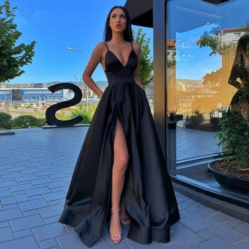 Sexy V Neck Satin Evening Dresses Spaghetti Strap Side Slit Prom