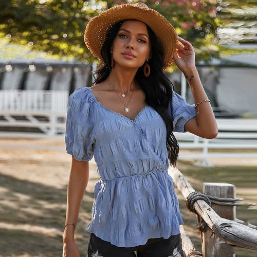 Puff Sleeve V-neck Short Sleeve Tops Blouse