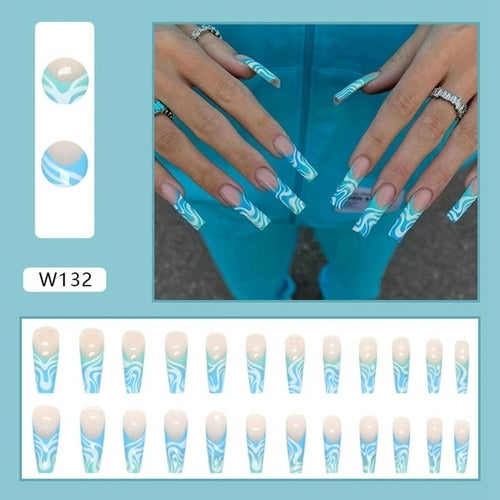 24Pcs Detachable Artificial Fake Nails French Purple Grape Blue wave