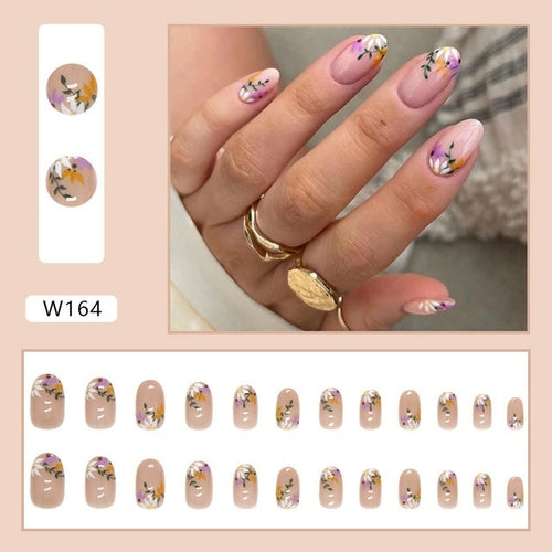 24pcs Short Round Fake Nails With Glue Almond Wavy Lines Design False