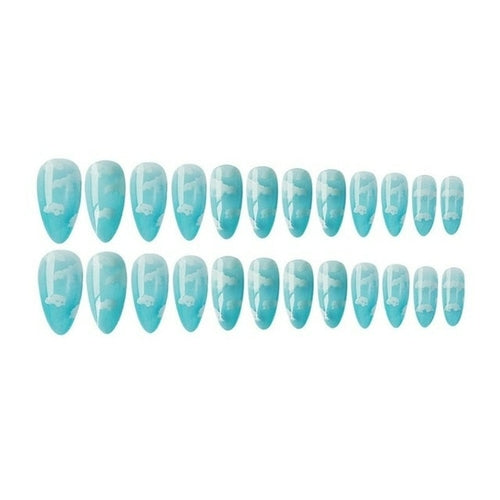 24Pcs/set Stiletto Shape Fake Nails Sky Blue Love Beach Love Summer