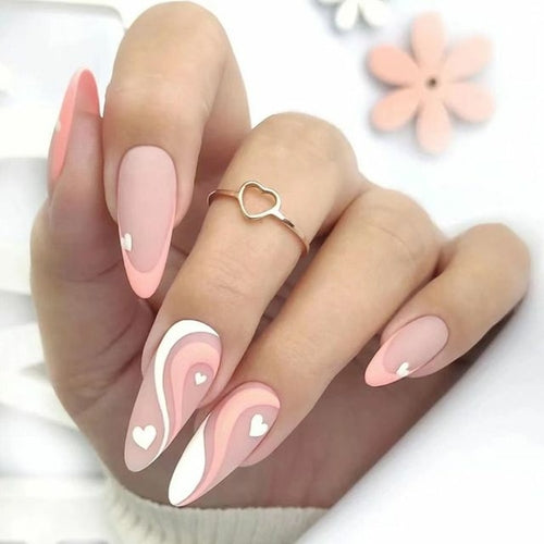 24pcs Long Almond False Nail French Love Heart Wavy Press on Nails