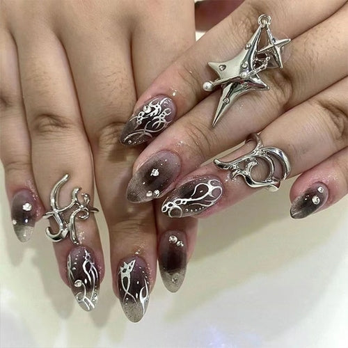 24pcs/box Fake French Y2k Nails Press On Long Stiletto Almond Shape