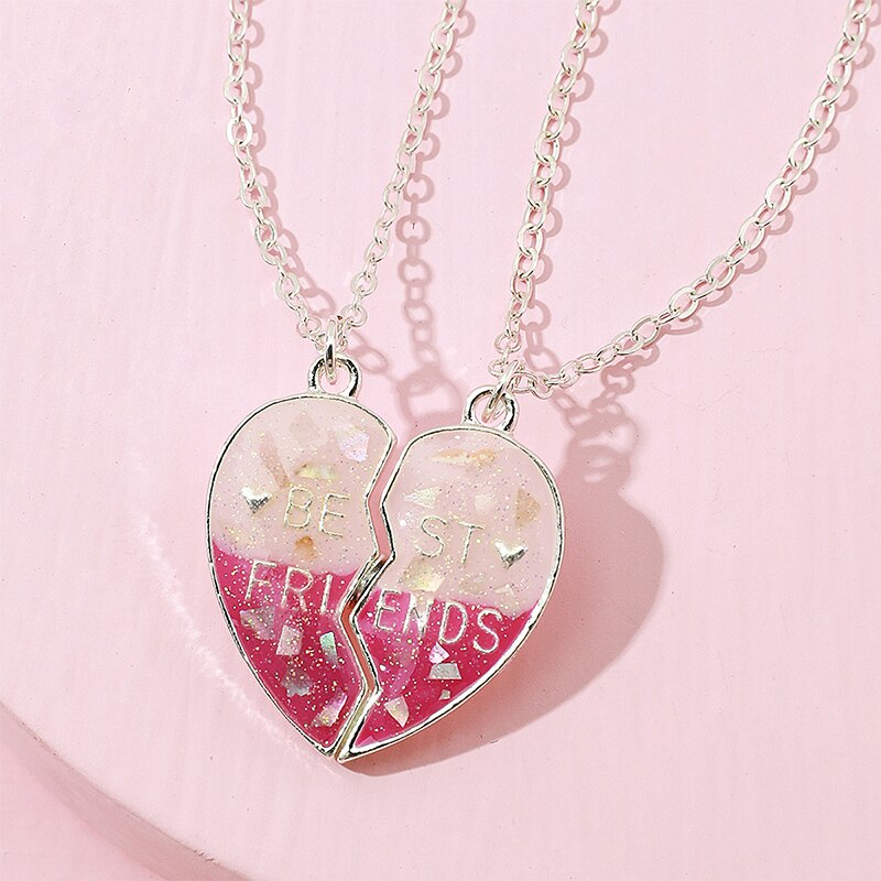 2Pcs/Set Heart shaped Glitter Pendant Best Friend Chain Exquisite