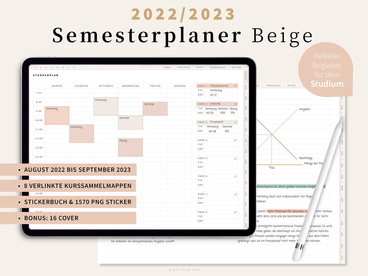 Digitaler Semesterplaner 2022 2023 · Studentenplaner digital für iPad, GOODNOTES  · Studienplaner digital Beige