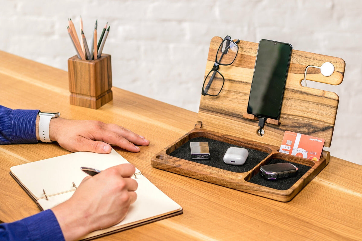 Desktop Organizer, Personalized Docking Station for Men, Gift for Him, Wooden Phone Holder, Anniversary Gift, Best Friend Gift, Watch Holder