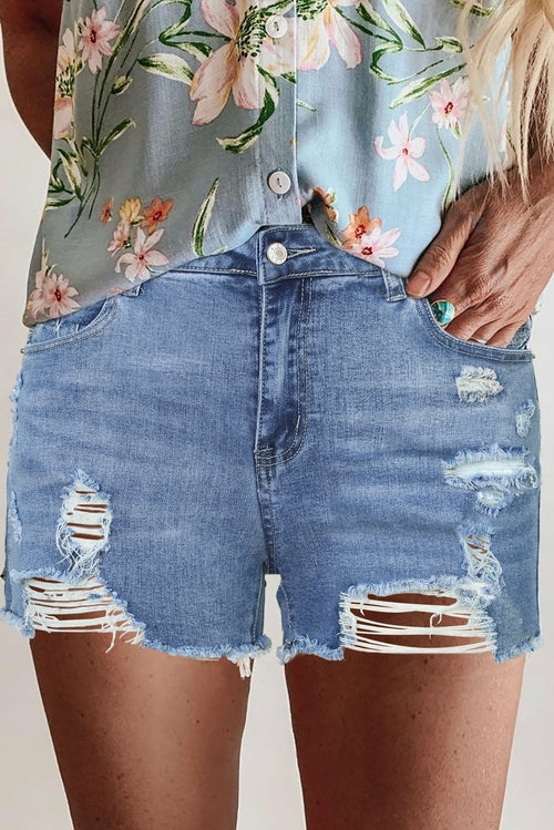 High Rise Destroyed Denim Shorts