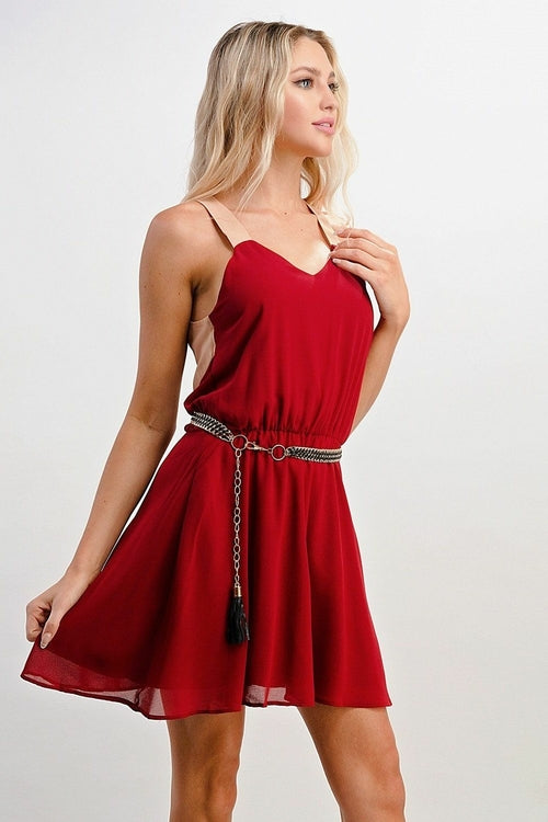 Wine Color Block Dress With Chain Belt