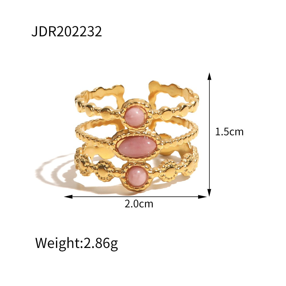 Stainless Steel Gold Plated Three-row Pink Stone Ring Statement Golden 18 K Plated Ring bague acier inoxydable Gift New