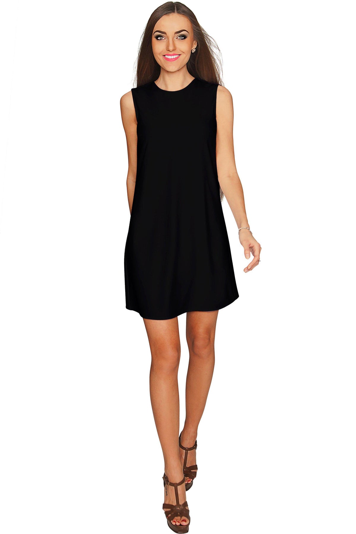 Onyx Black A-line Classic Sleeveless Shift Party Dress - Women