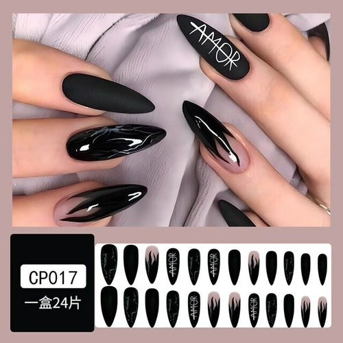 Black Almond Nails Set Press On Flame Matte Tips Finger False Nails