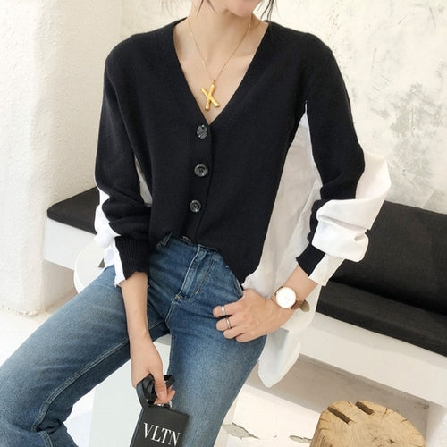 Black White Patchwork Cardigan Sweater Women 2019