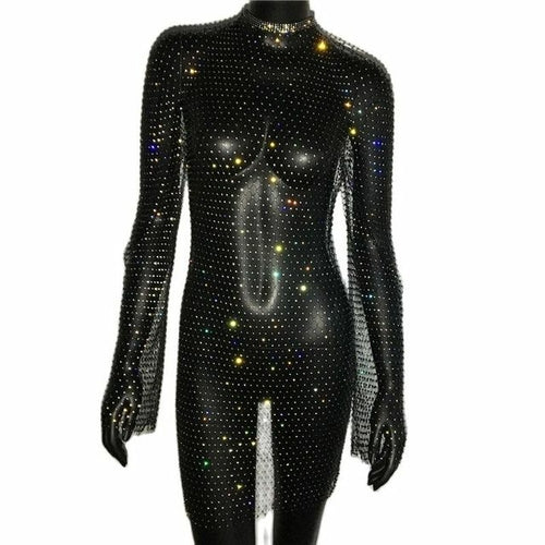 Bling Rhinestones Fishnet Mini Dress Women Sexy Bodycon Long Sleeve