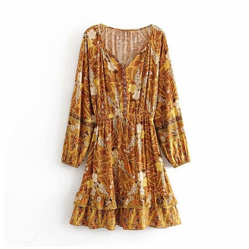 Boho Floral Print Mini Dress Lantern Long Sleeve V