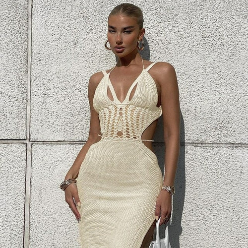 Cut Knitted Bodycon Dress Women Halter Neck Backless