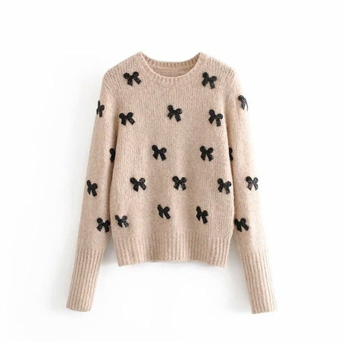 Elegant Bow Tie Appliques Sweater Women Casual O