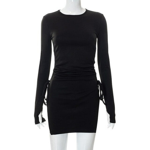 Office Lady Black Long Sleeve Round Neck Mini Dress For Women