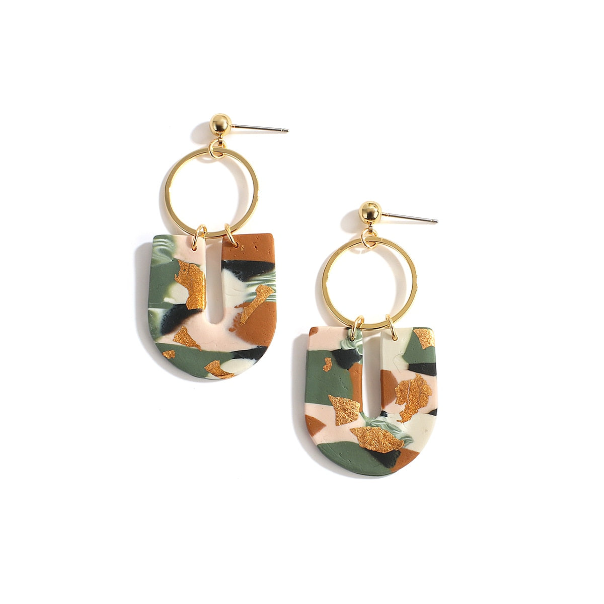 Handmade Polymer Clay Drop Earrings for Women Abstract Pattern Clay Metal Dangle Unusual Earrings Jewelry