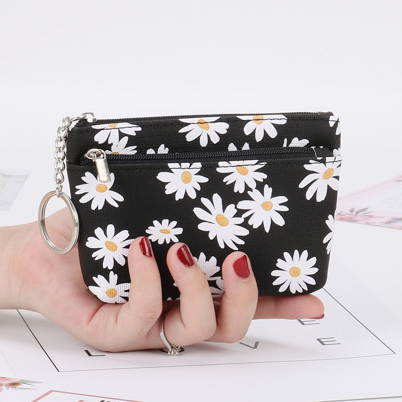 Daisy Print Coin Purse Women Mini Wallets Clutch With Zipper Keychain Small Coin Pouch Bag Female Pouch Key Card Holder Wallet