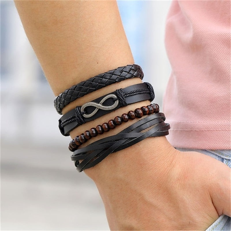 Vintage Leather Bracelet Hand-knitted Multi-layer Leather Feather Leaf Bracelet and Fashion Mens Bracelet Gift