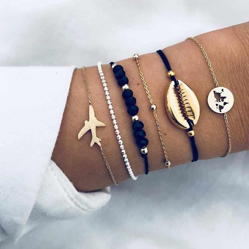 Bohemian Black Rope Chain Bracelet Set For Women aircraft Shell Moon Heart crystal Charm Bangle Boho Jewelry