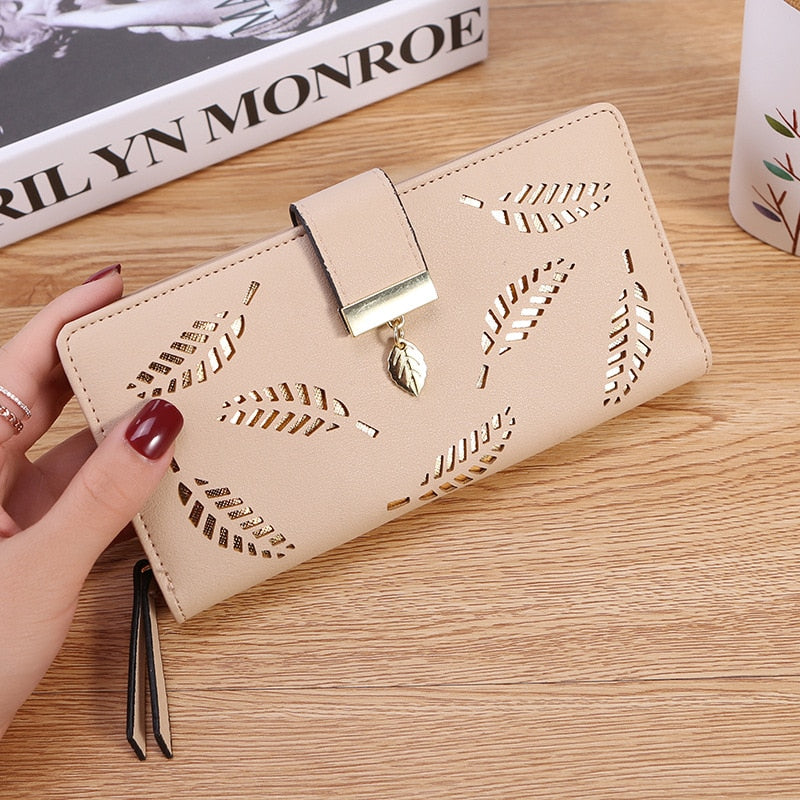 Womens Hollow Golden Leaf Buckle Wallet Female Long Zipper Coin Purses Ladies Multifunction Card Holder Clutch Money Bag