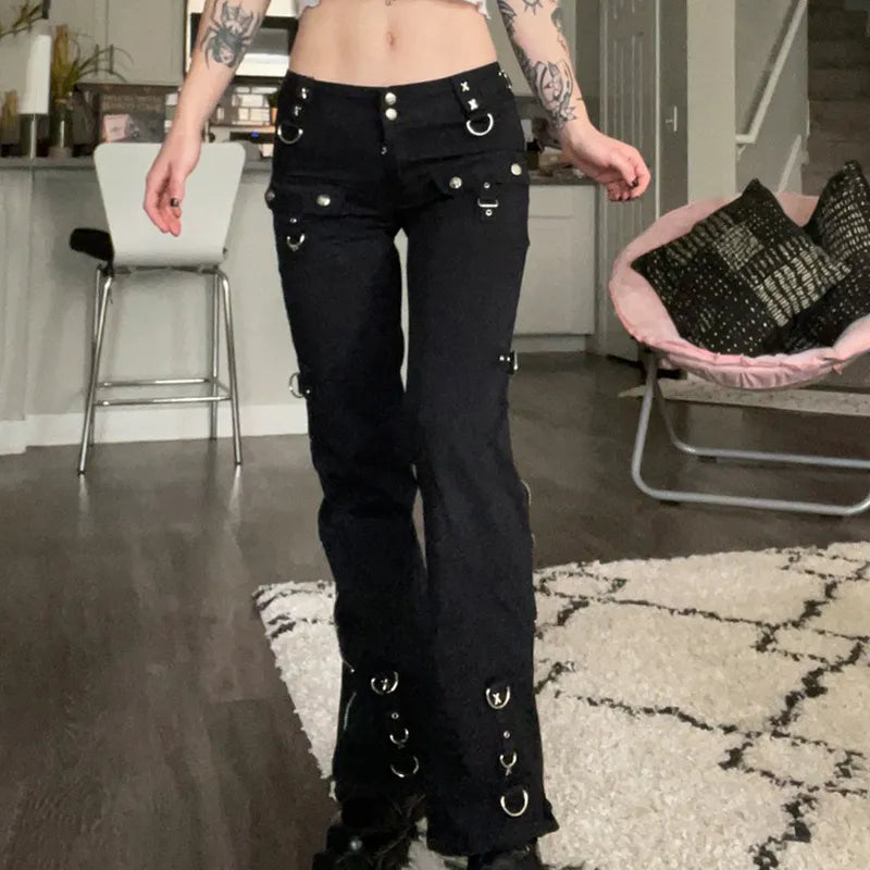 Yangelo Dark Punk Y2k Grunge Low Waist Emo Jeans Mall Gothic Women Black Patchwork Electro Pants Fashion Streetwear Alt Clothes