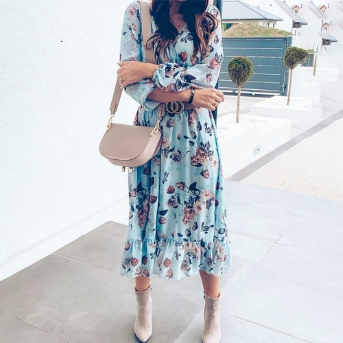 Women Floral Print Dress Ruffle Boho Dress Summer Sexy Maxi Long Dress