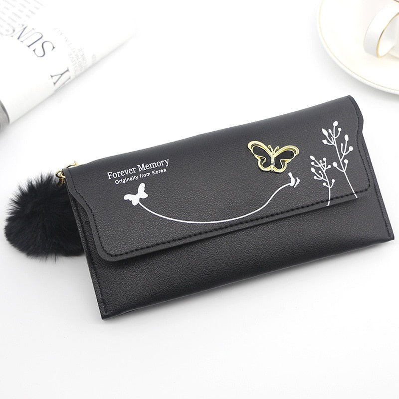 Women Long Wallets Pure Color Wool Ball Bow Clutch Bag Womens Long Bag Card Bag Coin Purse