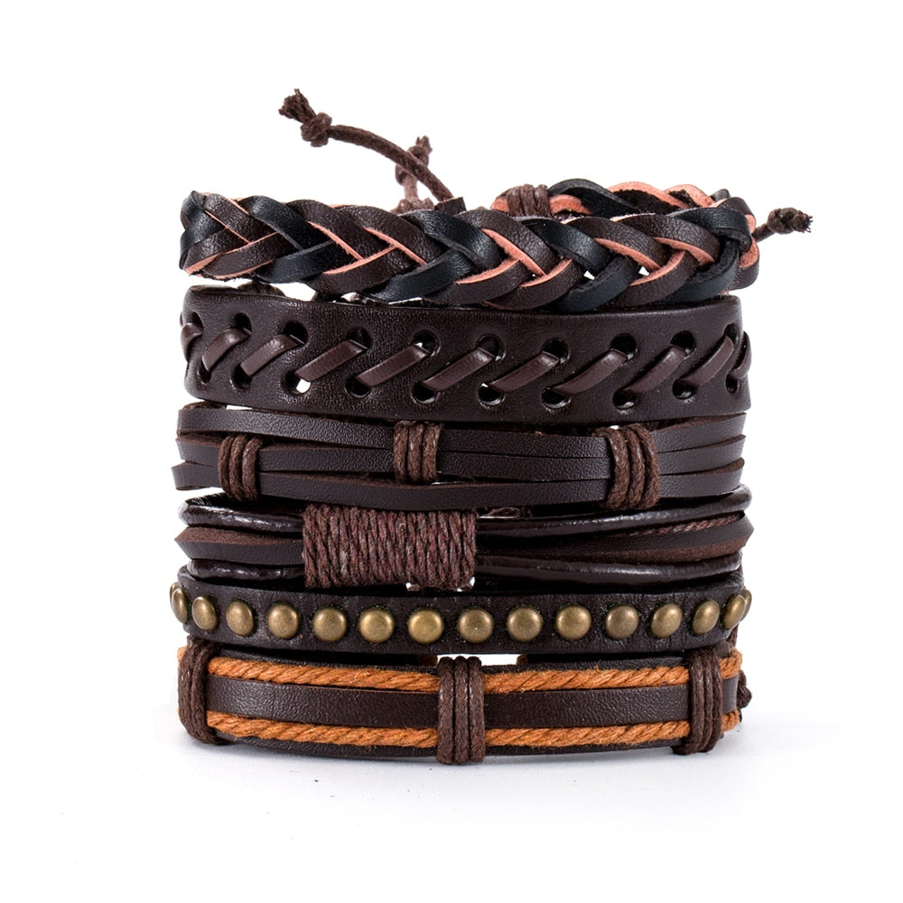 Vinatge Gothic Punk Skull Star Metal Multilayer Leather Bracelet Men Bracelets Bangles Male Arm Jewelry