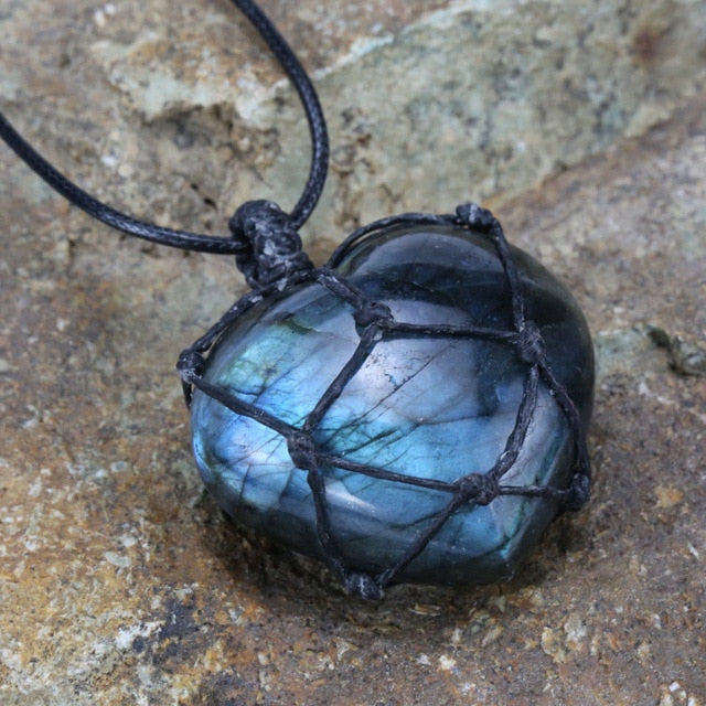 Labradorite Necklace Natural Stone Pendant Wrap Braid Necklace Yoga Macrame Necklace for Men Women Energy Necklace