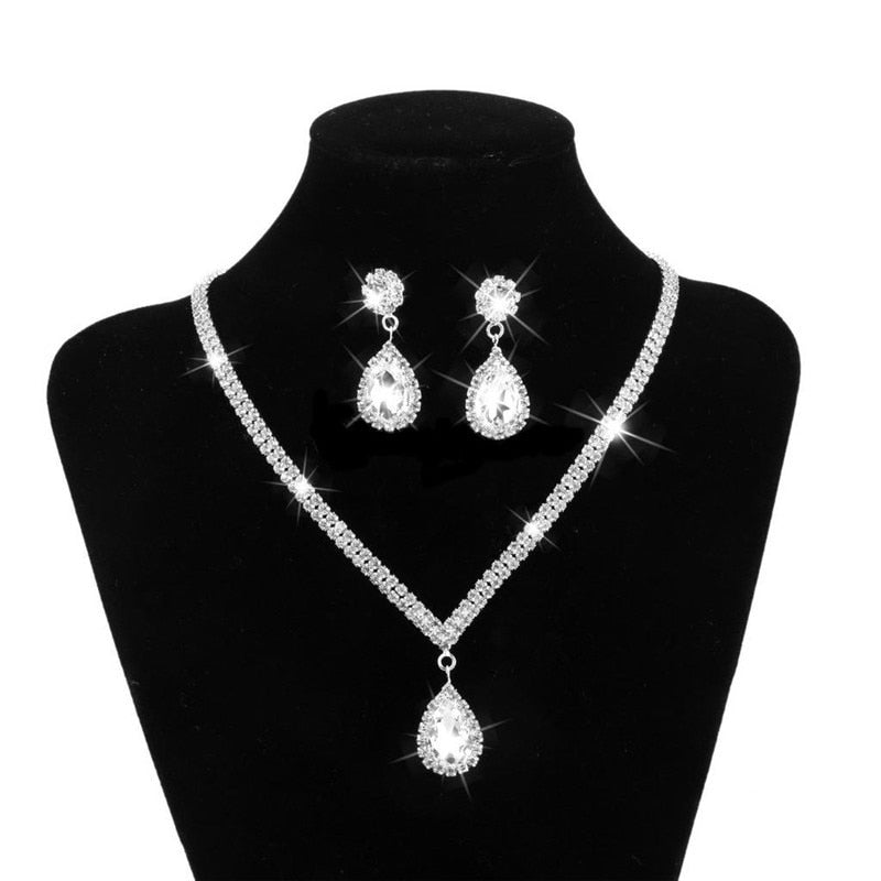 Water Drop Rhinestone Long Pendant Full Crystal Silver Plated Necklace &amp; Earrings Elegant Bridal Wedding Jewelry Set