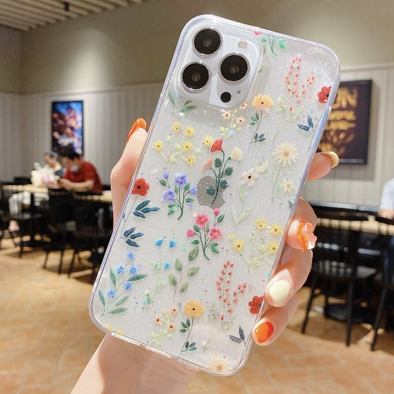 Soft Flowers Transparent Phone Case For iPhone 11 12 13 Pro Max XS X XR 7 8 Plus SE 2020 Mini Transparent Bumper Back Cover