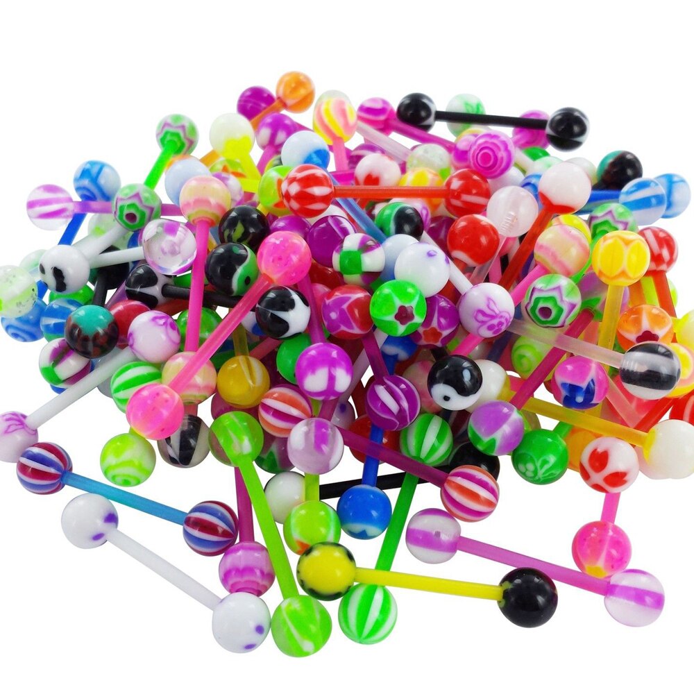 100PCS 14G Mix Color Plastic Tongue Rings Acrylic Nipple Barbells Flexible Tongue Piercing Jewelry for Women Men