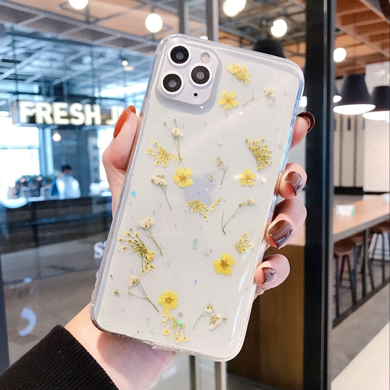 Dry Flower Transparent Phone Case For iphone 11 12 13 14 mini Pro Max XS X XR 7 8 plus SE 2020 Soft Shockproof Cases Cover