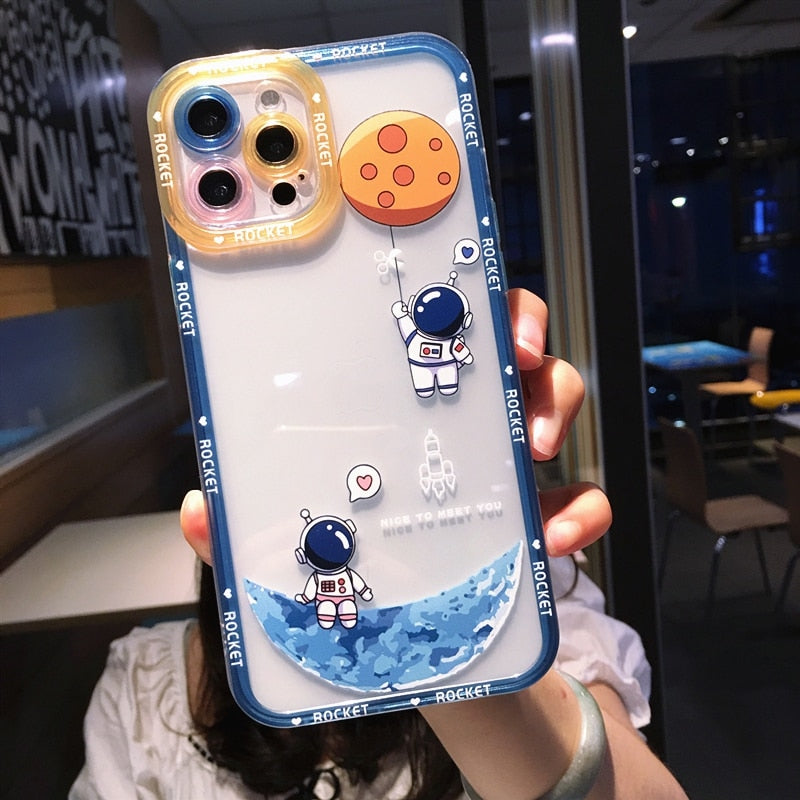 Cute Transparent Astronaut Phone Case For iPhone 11 12 13 14 Pro Max XS X XR 7 8 Plus SE 2020 Shockproof Bumper Back Cover