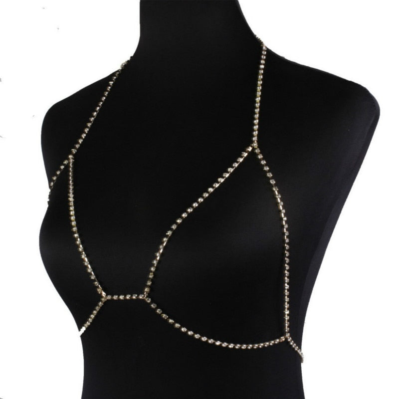 Bohemian Beach Sexy Chest Chain for Women Full Rhinestone Cross Chest Chain Shining Crystal Bra Body Necklace Choker Jewelry