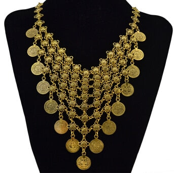 Boho Ethnic Gold Color Turkish Gypsy Bib Coins Choker Necklace Dangle Earrings Women Pakistani Afghan Indian Classic Jewelry Set