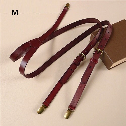 Dark brown cowhide leather suspenders Women men strap head skin british retro tri-clamp suspenders Braces wide 2CM