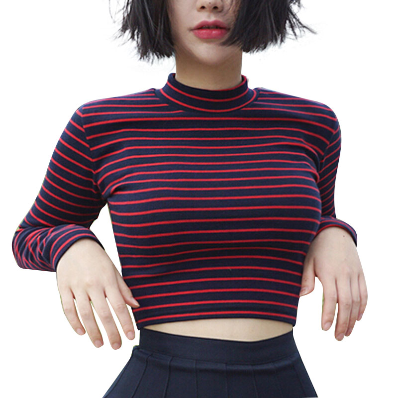 Crop Tops Women Chic All-match Classic Stripe Slim Short Bustier Crop Top Turtleneck Long Sleeved T-shirt Sexy Shirts Tee