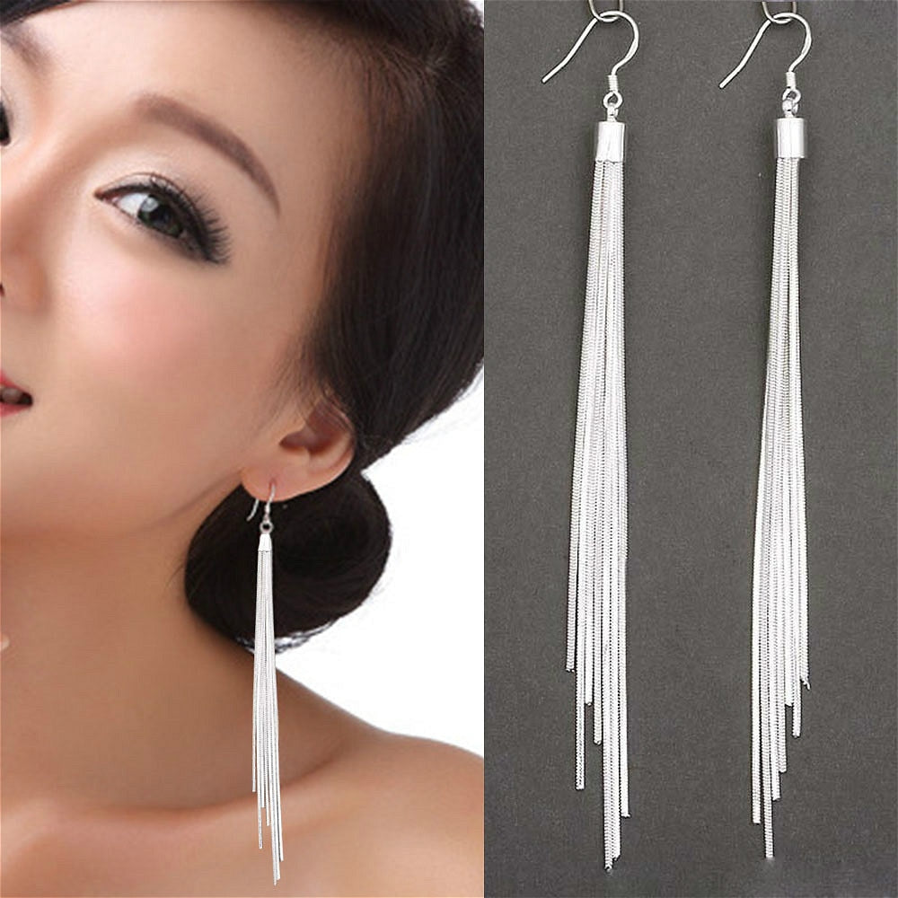 Elegant Jewelry Women Noble Tassels Silver Plated Long white Hook Dangle Chain Earrings Women Silver Plated 13.5cm