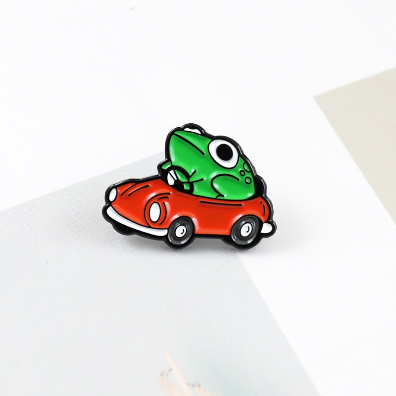 Frog Driver Enamel Pin Small Red Car Brooch Backpack Clothes Lapel Funny Animal Frog Jewelry Gift for Friends Children