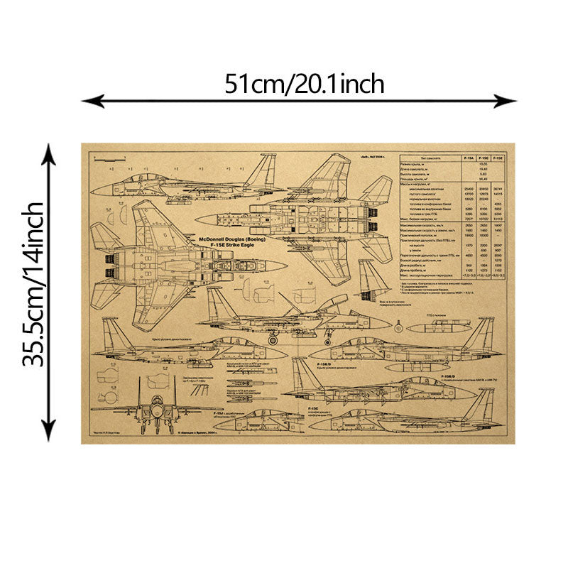 Fighter McDonnell Douglas F-15 Eagle Three Views Retro Kraft Paper Poster Bar Cafe Decoration Painting Wall Stickers