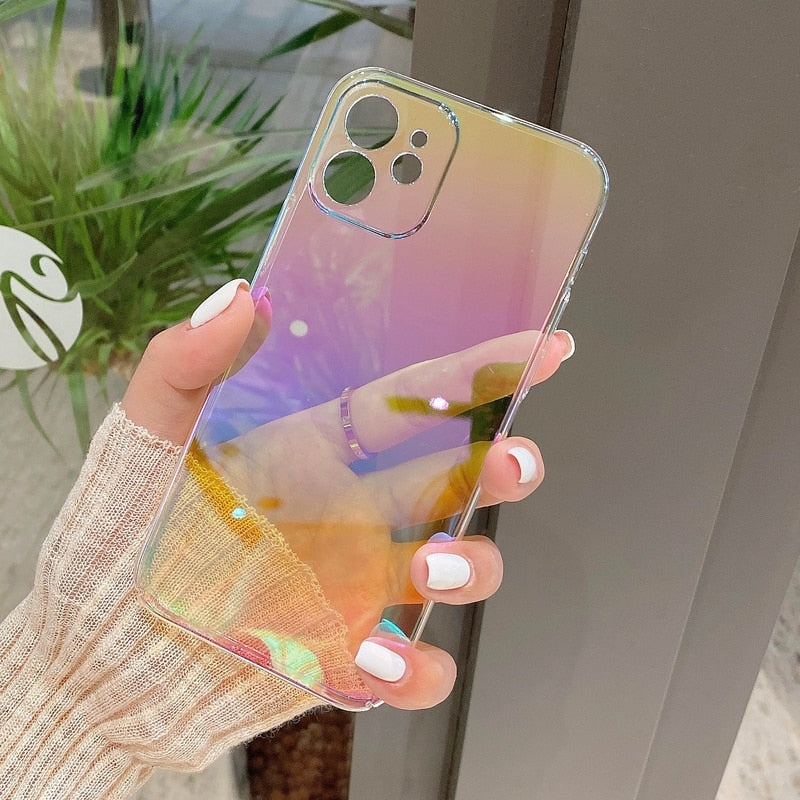 Rainbow Laser Phone Case For iPhone 11 12 13 14 Pro Max XS X XR 7 8 Plus Mini SE 2020 Luxury PC Bumper Back Cover